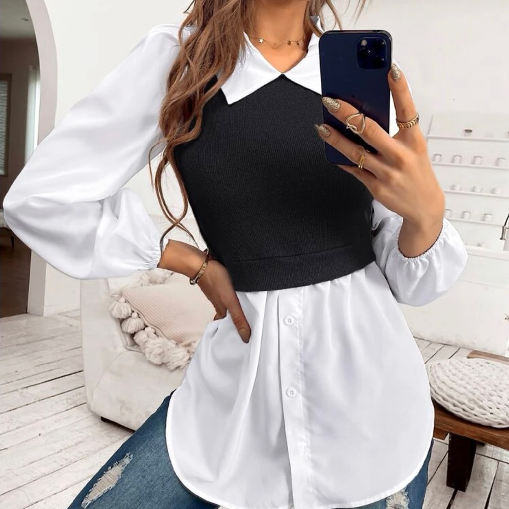 Classic Black Collar Work Office Minimalist Top